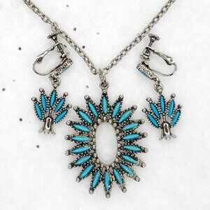Vintage Southwestern Necklace Clip Earring Set Silver Tone Blue